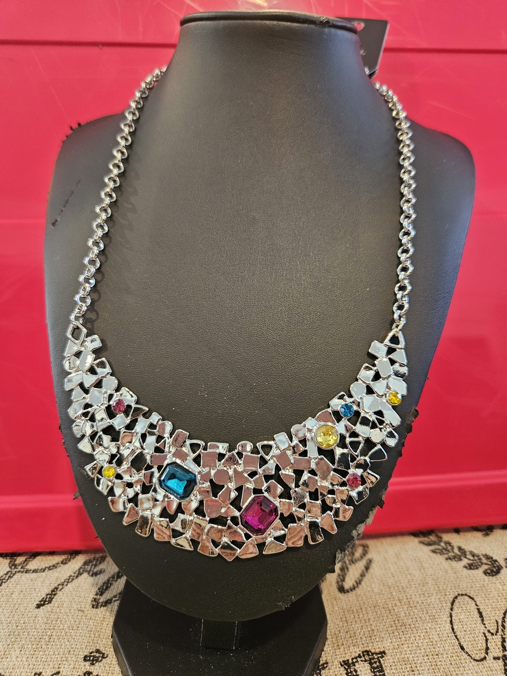 Silver Tone Multicolor Gemstone Bib Necklace - Women Jewelry